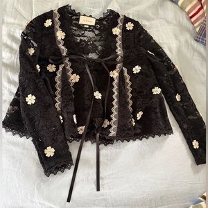 Alexis black lace designer long sleeve blouse, size Small